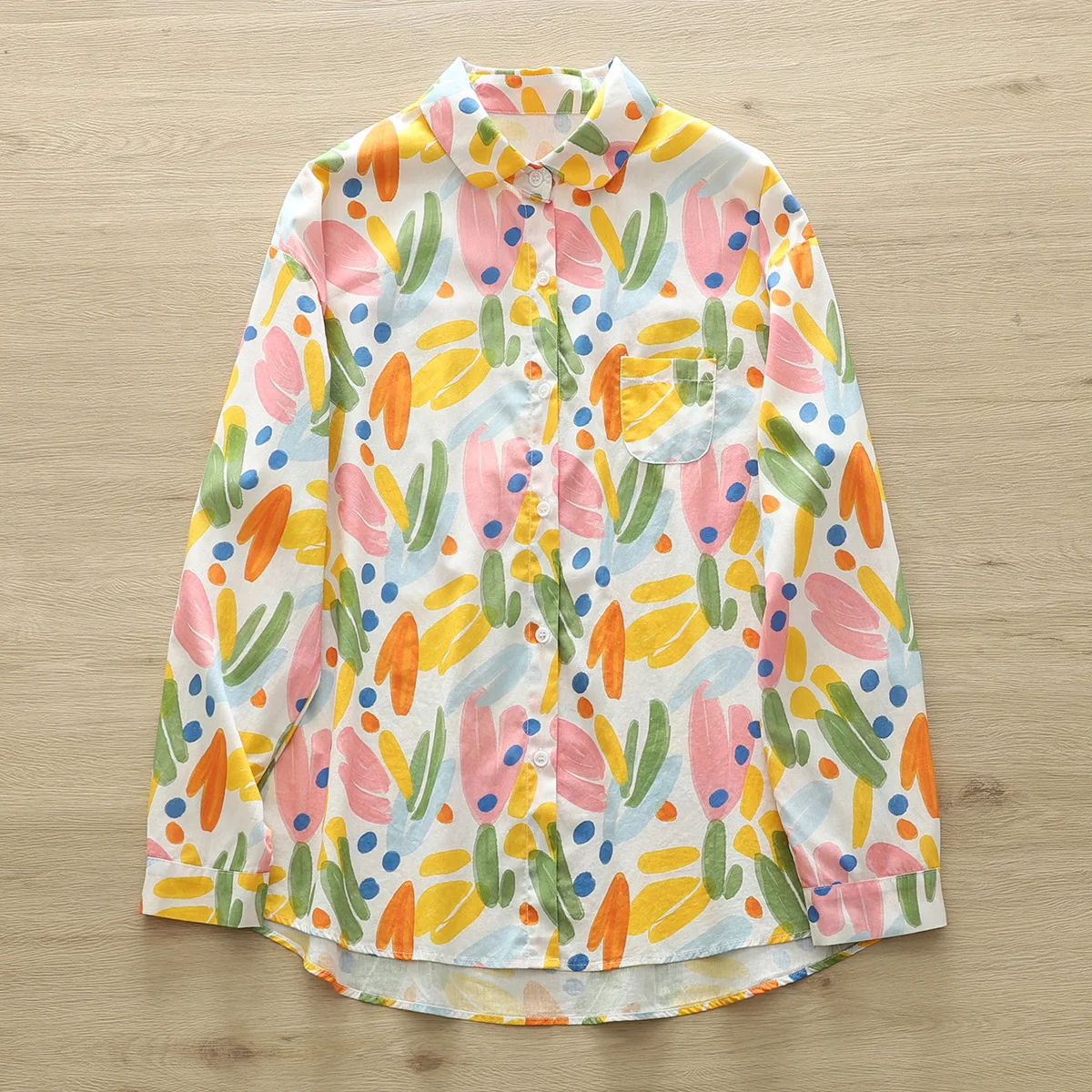 New Autumn Cotton Colorful Graffiti Shirt donna colletto con risvolto allentato Sweet Top Girl camicette di base a maniche lunghe 2024 primavera T41455QC