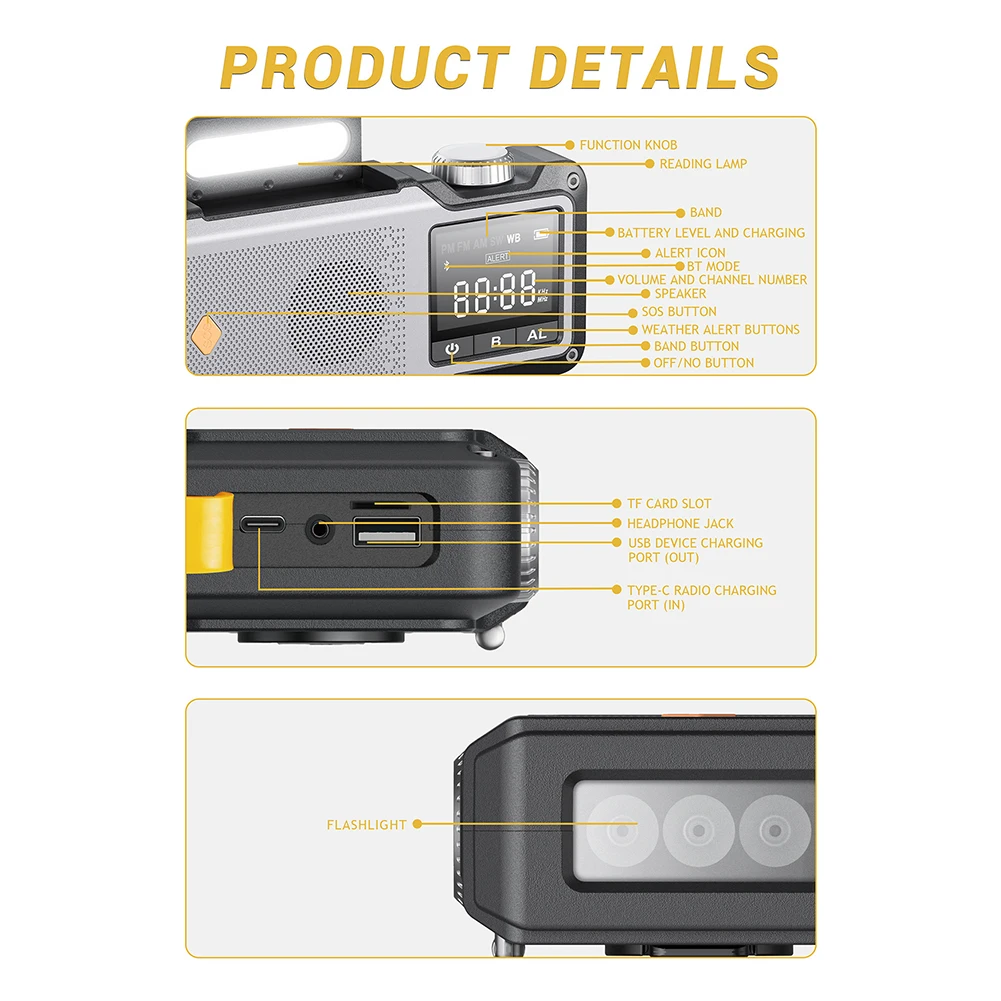 10000mAh Hand Crank วิทยุฉุกเฉินพลังงานแสงอาทิตย์วิทยุ AM/FM/WB วิทยุสภาพอากาศวิทยุแบบพกพาสําหรับ Camping กลางแจ้งและฉุกเฉิน