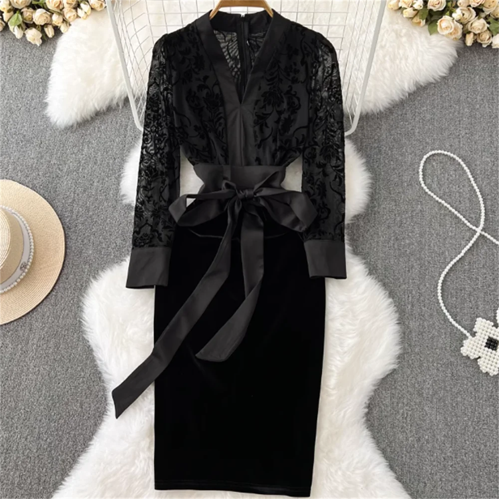 

Spring and autumn new V-collar lace waist thin forked dress women evening long elegant dress