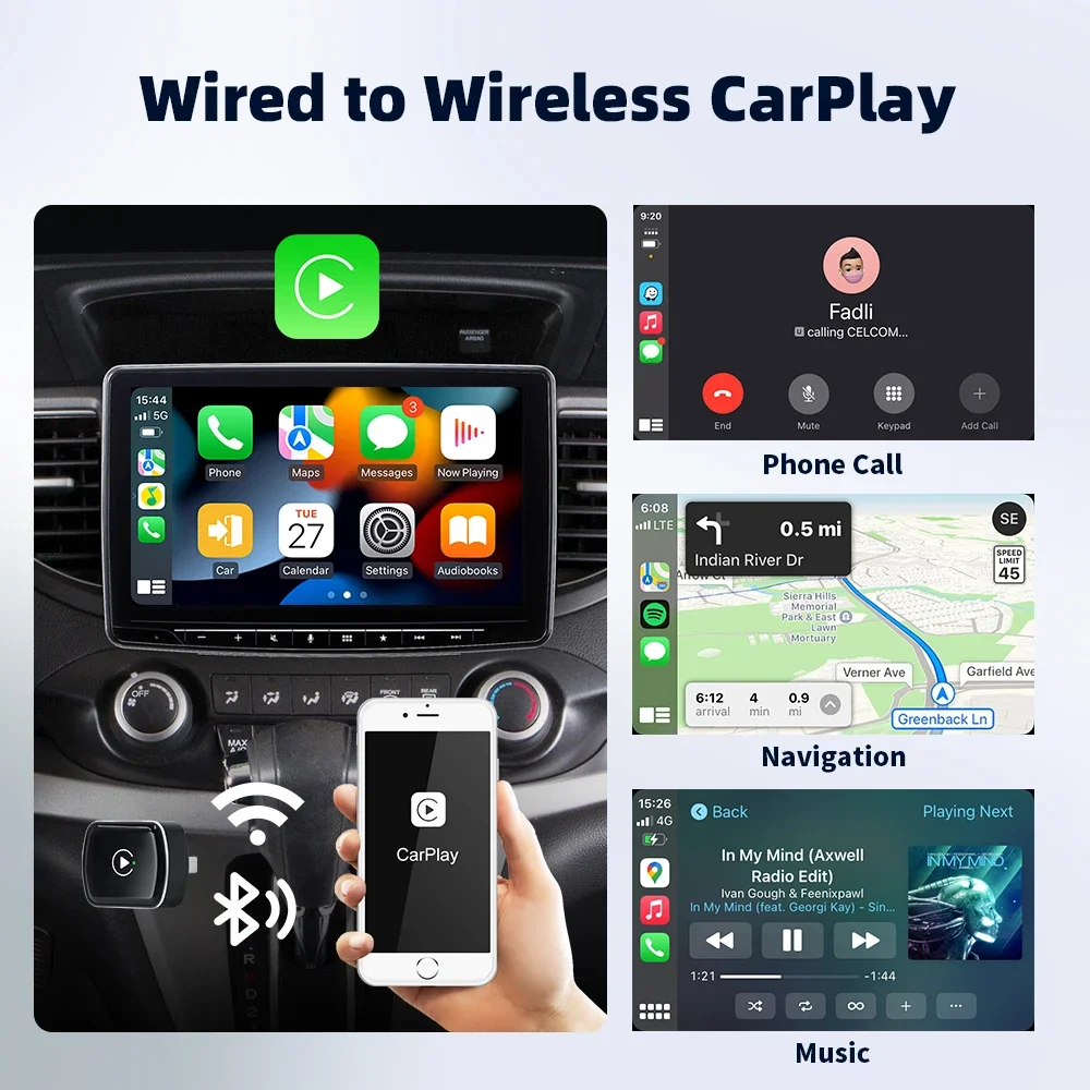 Qzonnect 2025 Wireless CarPlay Android Auto Dongle Adapter, 5GHz WiFi, BT5.2, Voice Control, Acrylic Mirror Shell, for Wired Car
