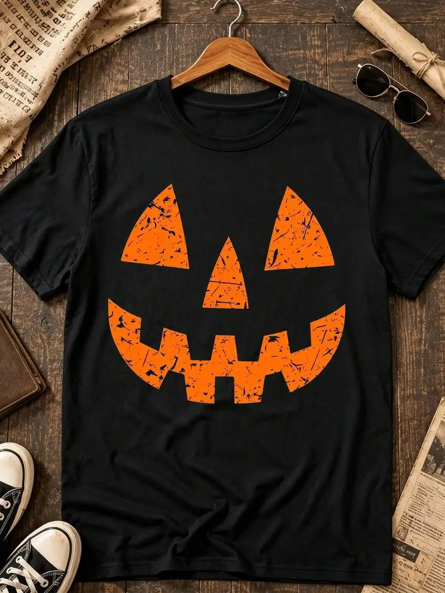 1pc Man' S Distressed Pumpkin Face Print Black TShirt, Crew Neck, Casual Cotton Tee, Regular Fit For Man, Spring/Summer/Fall
