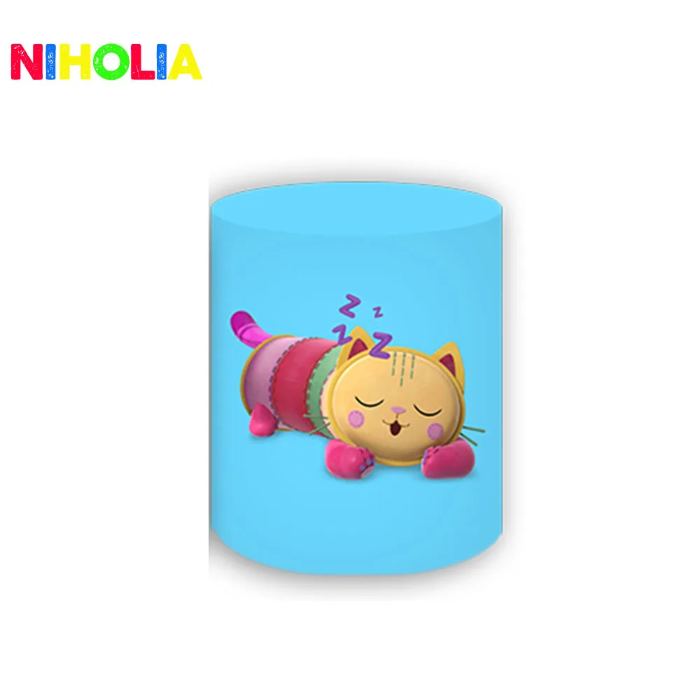 Niholia Gabby\'s Dollhouse Round Background Cat Cylinder Cover Kids Birthday Party Baby Baptism Decoration Photography Background