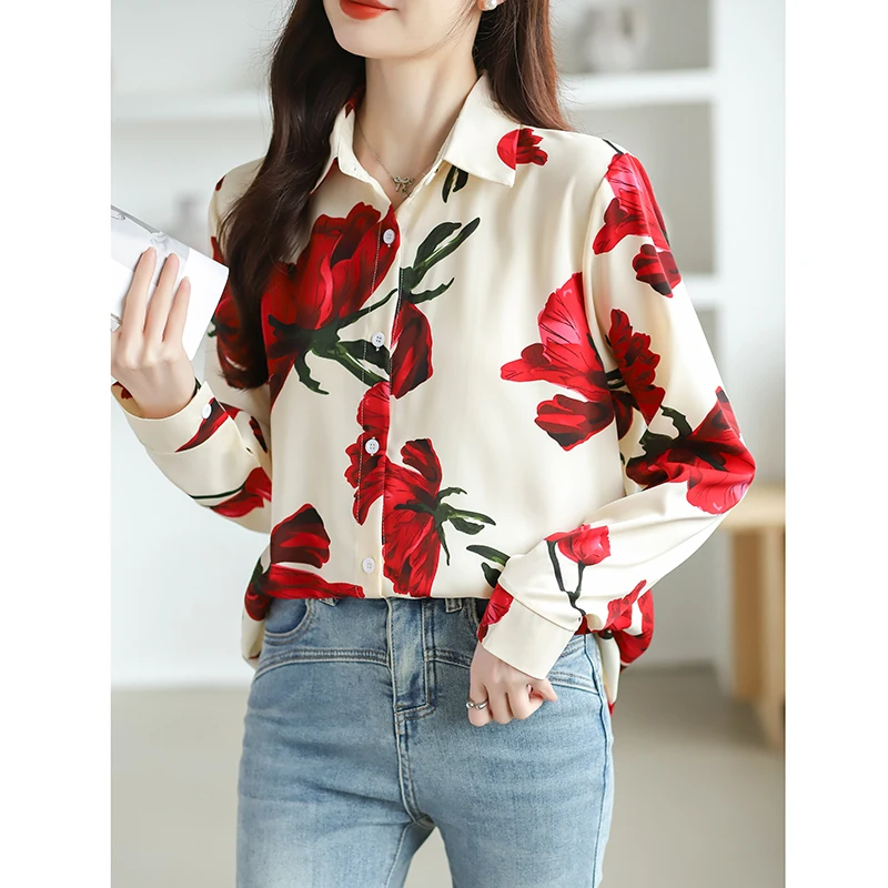 2025 Moda elegante manica lunga colletto rovesciato camicia da donna stampa camicia in chiffon camicetta donna top Camisas De Mujer Blusas N420