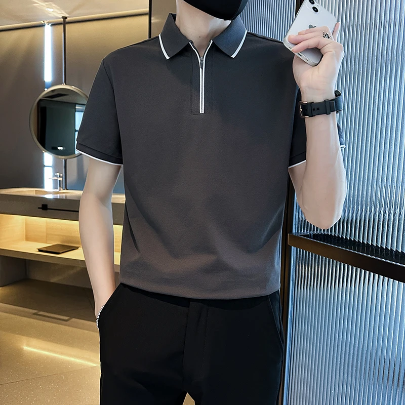 Fashion Casual POLO Shirts Mne's Summer Short Sleeve Slim Lapel Zipper T-shirts Tee Tops Business Social Streetwear Men Clothing image 3