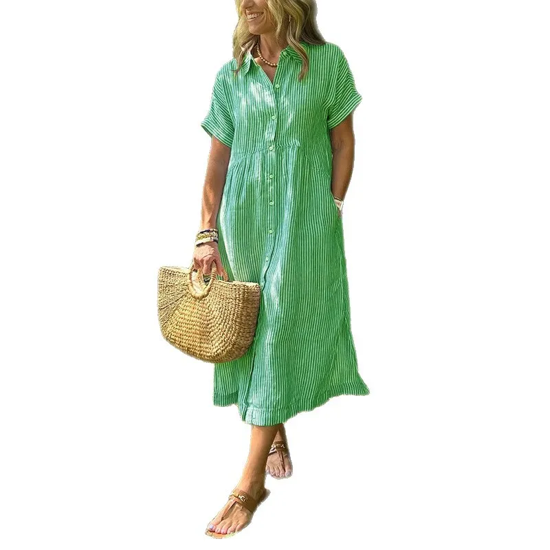 فساتين قميص مخططة غير رسمية للنساء صيف جديد بأكمام قصيرة وطية صدر واحدة قمصان فضفاضة فستان طويل للسيدات للتنقل