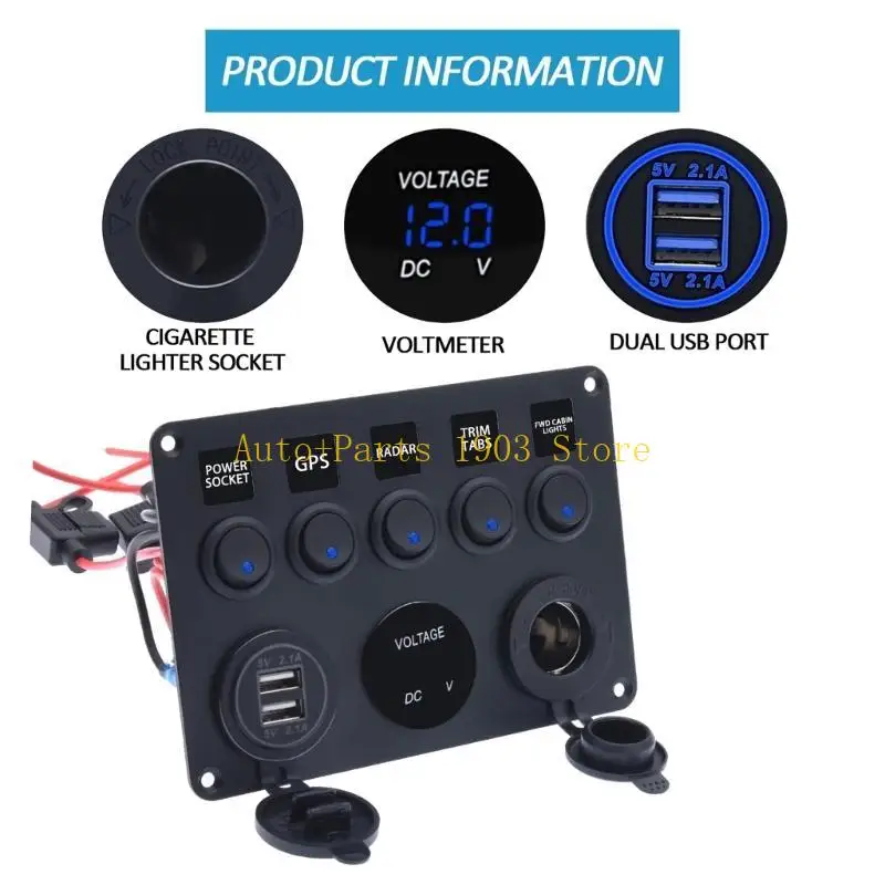 

E21C Car Switch Panel Waterproof Digital Voltmeter Double USB Port 12V Outlet 5 Gang