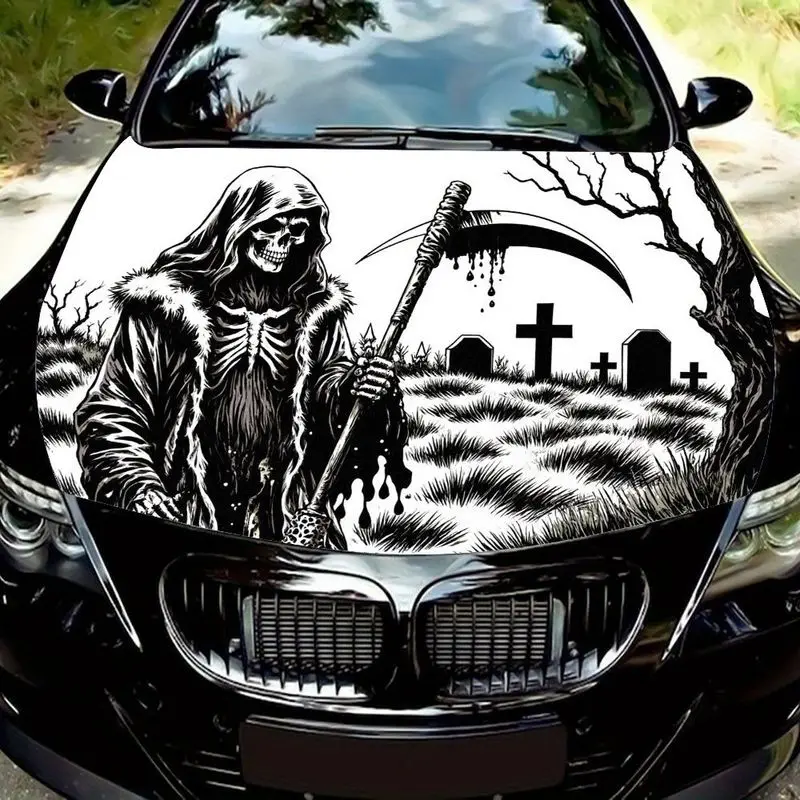 

Cemetery of Death Woodcut Style Car Hood Sticker, High Contrast Black and White Hood Pattern Decal, Overgrown Cemetery