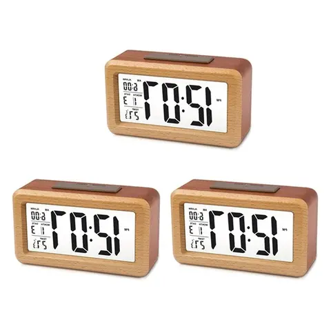 NEW A9-3X Wooden Large LED Digital Alarm Clock, Smart Sensor Night Light With Snooze, Date, Temperature, 12/24Hr Switchable,3X
