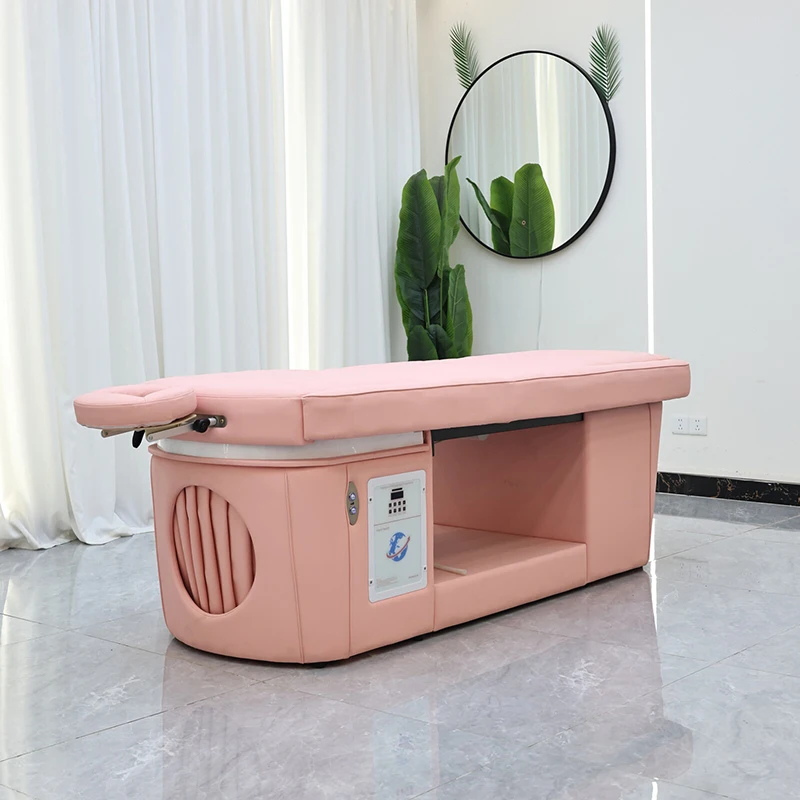 Luxury pink Leather Barbershop Furniture Head Adjustable Lay Down Washing Bed Thai Style Salon Shampoo Bed with Foot Basin