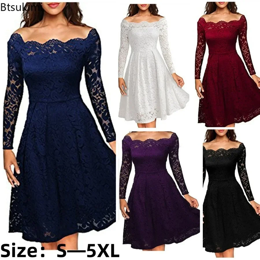 

2025 Women's Sexy Long Sleeve Lace Dress Off Shoulder Tight Waist Club Party Evening Midi Dress Female Elegant Lace Dress S-5XL