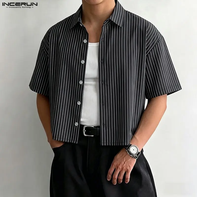 

INCERUN Men Striped Shirt Lapel Short Sleeve Menswear Clothing Summer Loose Korean Style 2026 Fashion Casual Tops For Man S-5XL