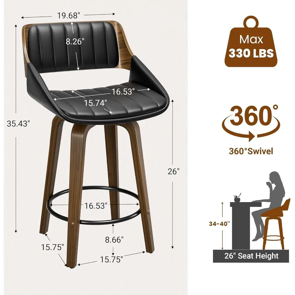 Coppia di 26 sgabelli da bar girevoli, similpelle imbottita, design in legno curvato per isola cucina o zona pranzo, nero