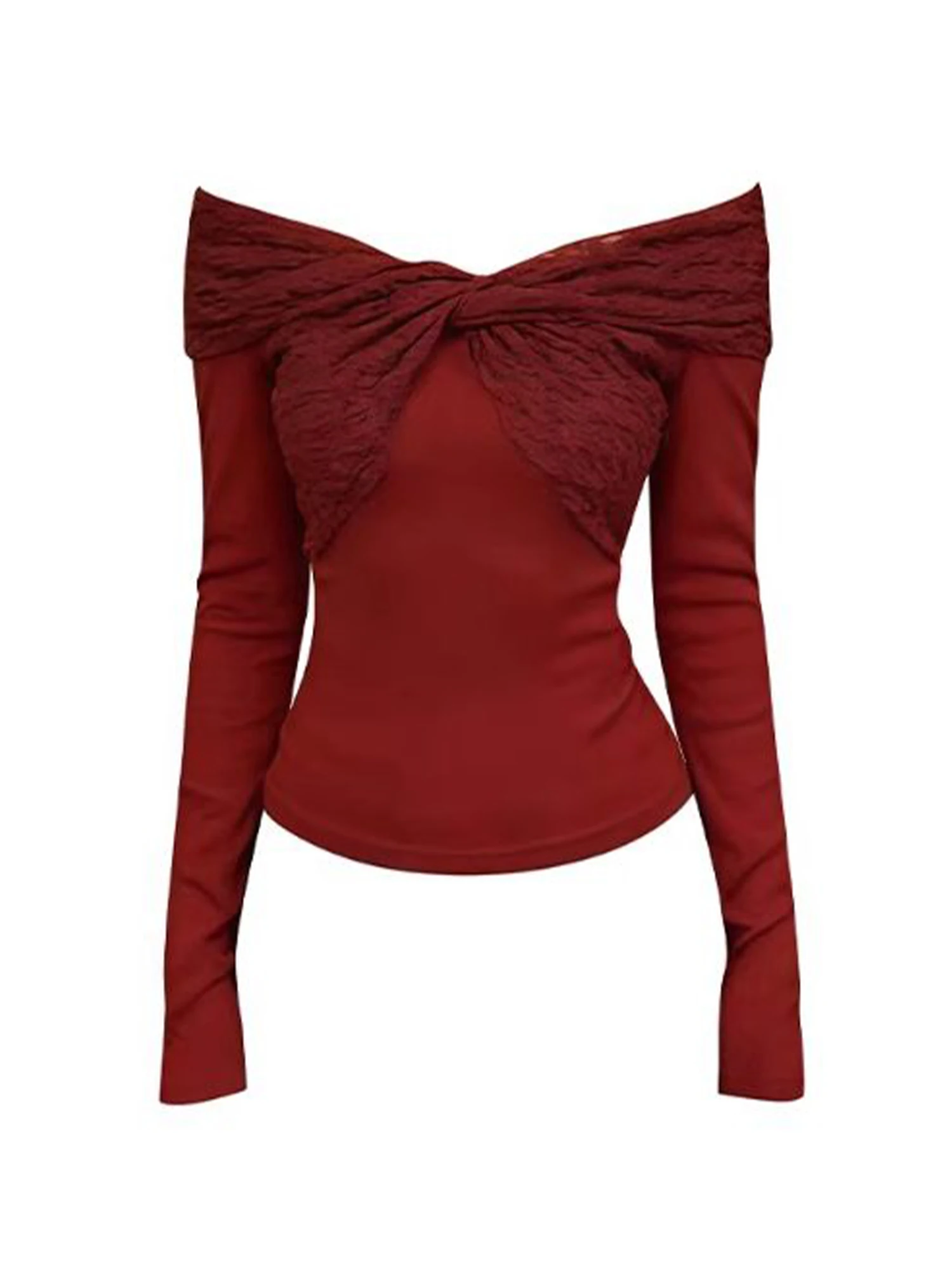 Women Christmas T-shirt Y2k Gyaru Burgundy Tee Top 2000s Vintage Aesthetic Long Sleeve Slash Neck Oversize T-shirt Clothes 2026