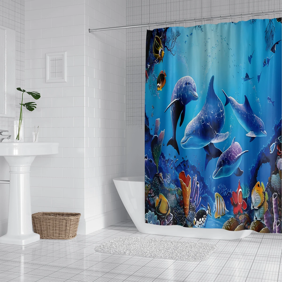 1PC 180x180cm Dolphin Shower Curtain Blue Ocean Biological Polyester Fabric Children\'s Ocean Theme Bathroom Decoration