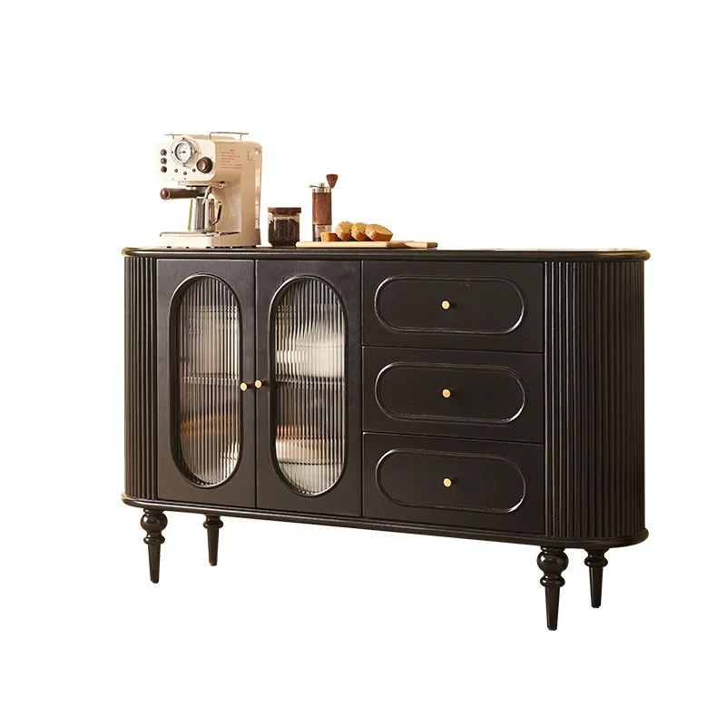 

French solid wood dining side cabinet, living room retro wind shutter design, black integrated tea cabinet,