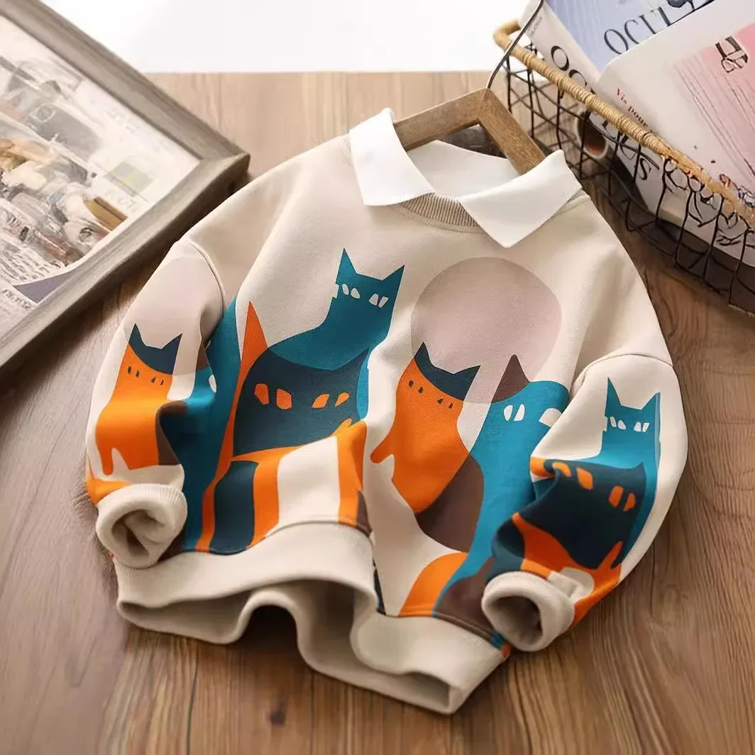 

Kids Autumn Long Sleeve Sweatshirt Teenage Boy Top Shirt Girls' Winter Clothes Cute Cat Print Warm T-shirt Children's Clothing