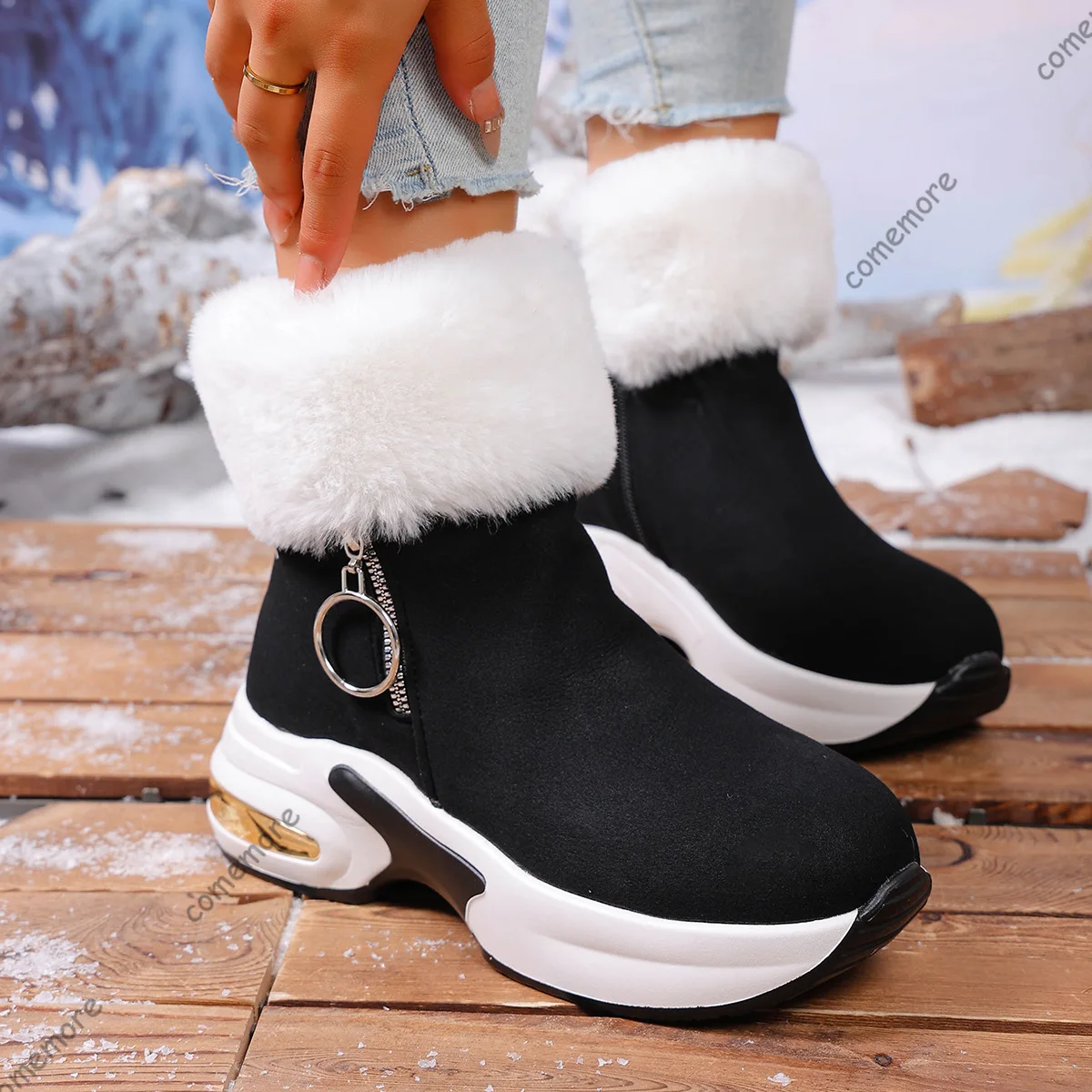 Comemore botas de neve femininas inverno novo estilo esportivo confortável sapatos casuais de algodão plataforma pele de pelúcia zíper botas curtas femininas