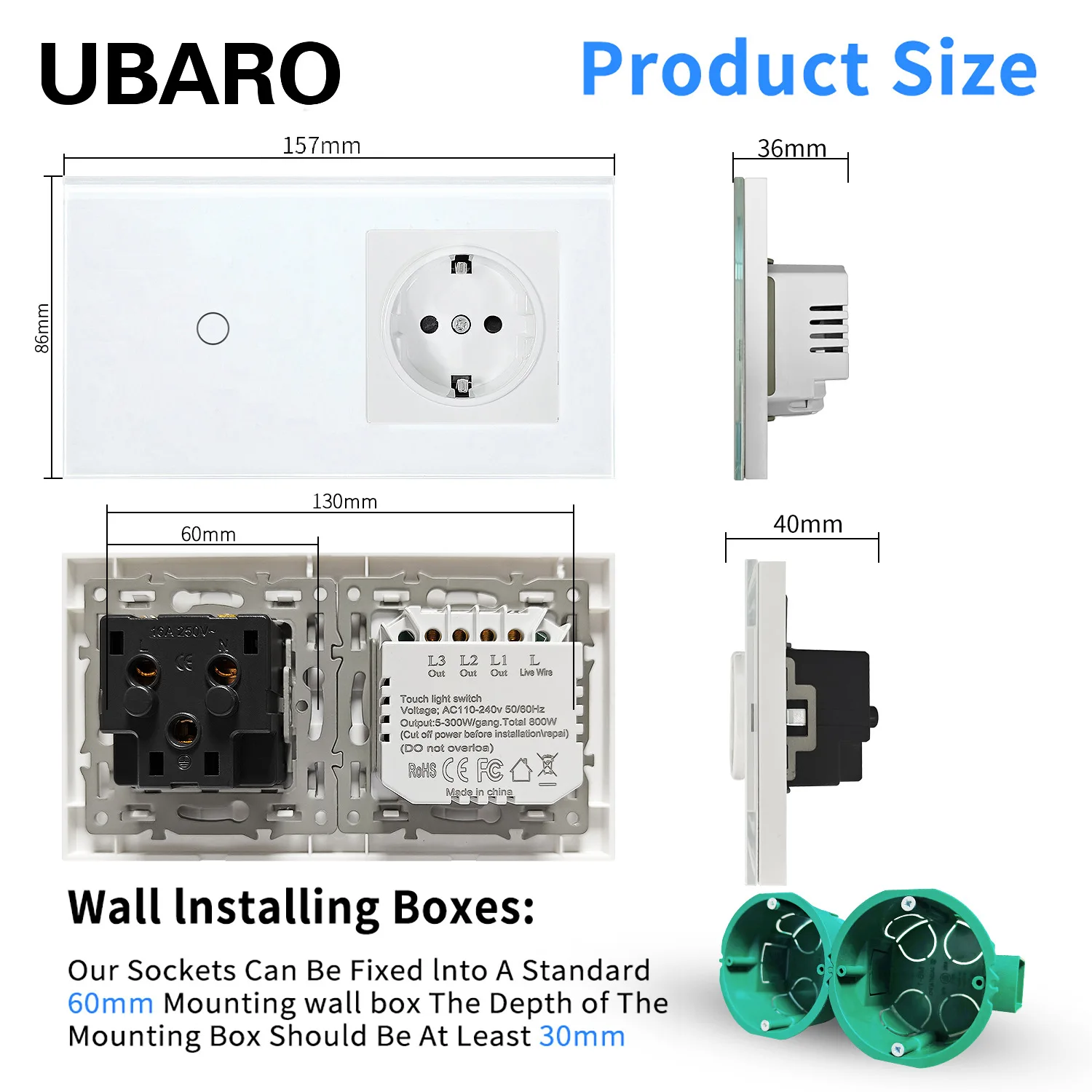 Cross-border European standard 157 touch switch socket tempered glass panel round box installation wall plug switch wholesale