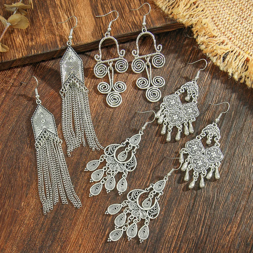 Ethnische Mode Lange Quaste Ohrringe Vintage-Schmuck Antike Schnitzerei Geometrisches Muster Wassertropfen Baumeln Ohrringe für Frauen