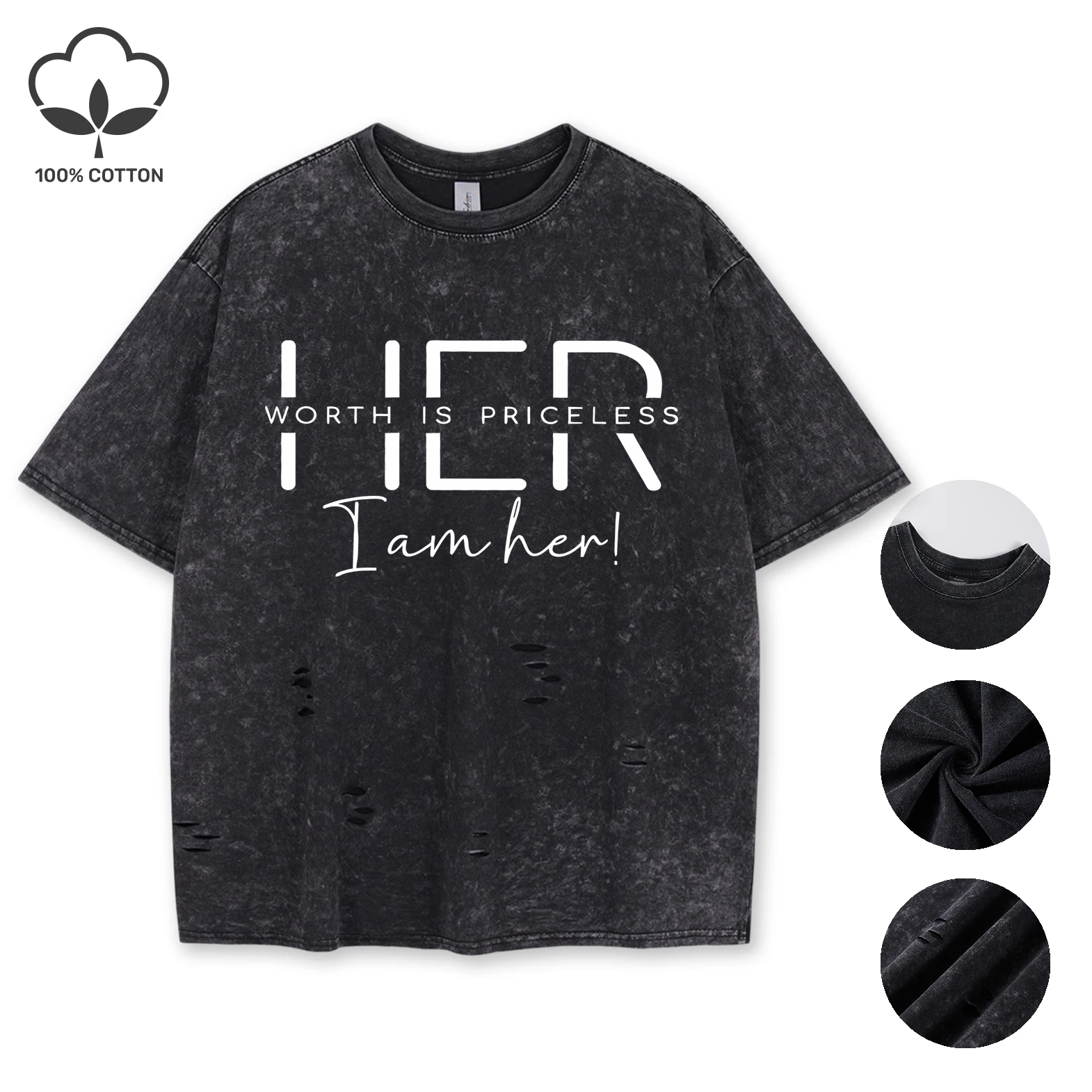 

Her Worth Is Priceless I Am Her Женские футболки с принтом Snow Wash Летняя футболка Мягкая стираная одежда Унисекс Хлопковые топы с отверстиями