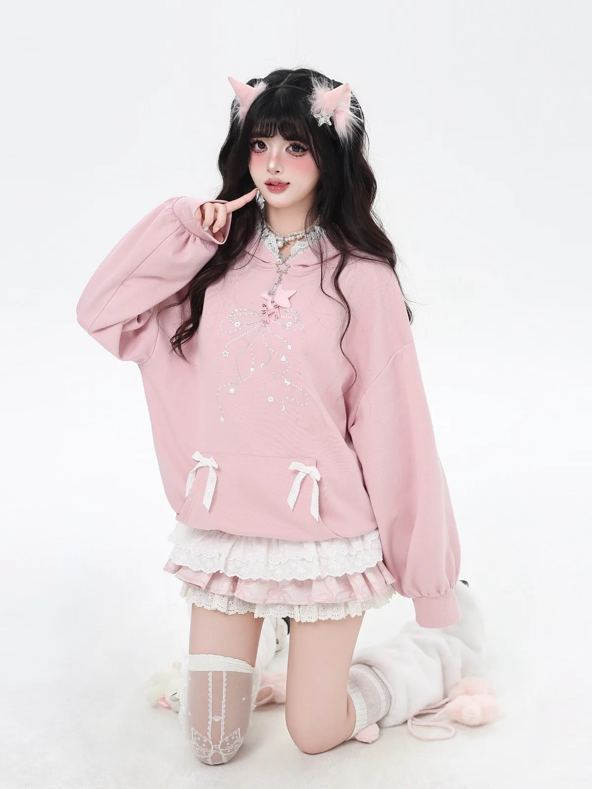 Fashion Street Sweet Cool Girl Rhinestone Bow Lace Patchwork Hoodies Long Sleeve Loose Casual Versatile Short Sweatshirts Women