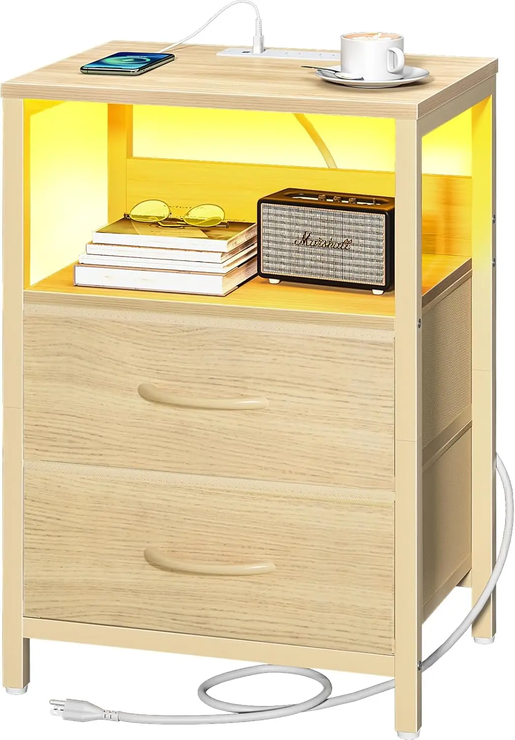 

Charging Station Nightstand with LED Lights, USB Ports & Fabric Drawers for Bedroom Storage