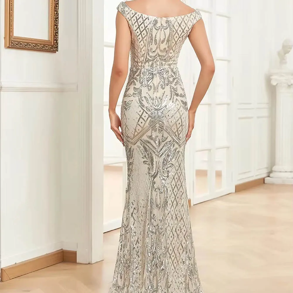 فساتين أم العروس الأنيقة المخصصة برقبة على شكل V ترتر فضي بدون أكمام فستان حورية البحر طويل فاخر لحفلات الزفاف
