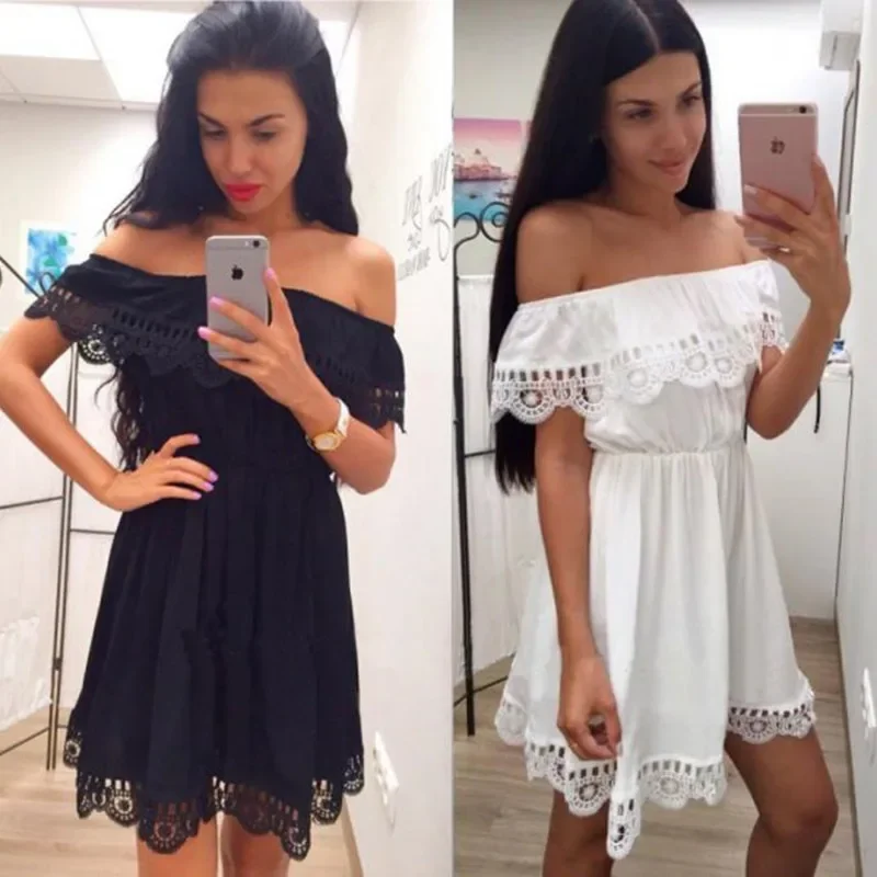 

Summer 2024 New Fashion Women Elegant Sexy Slash Neck Casual Vintage Sweet White Lace Dress Slim Beach Dresses -Q26