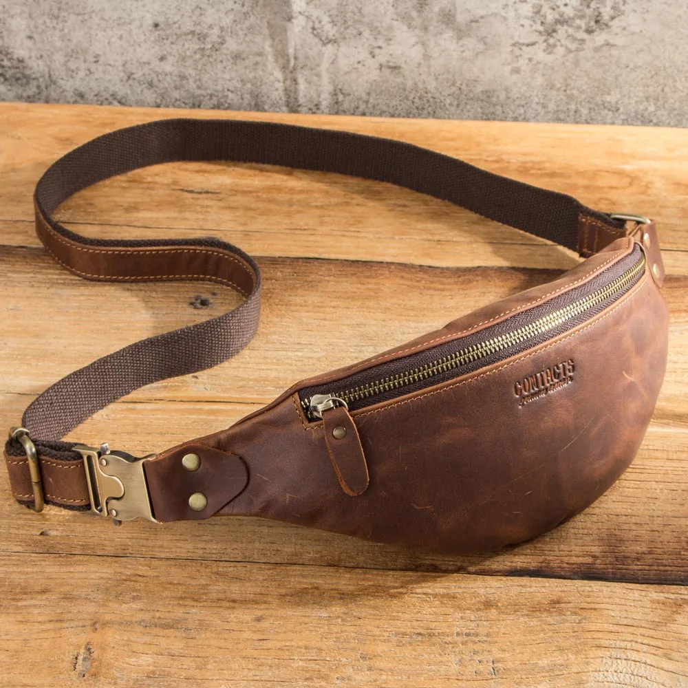 

2026 Fashion Luxury Crazy Horse Leather Waist Packs For Men Travel Fanny Pack Single Shoulder Bag for Phone Male Chest Bags