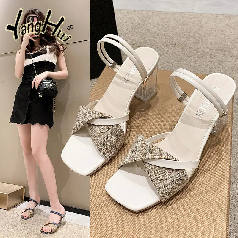 Sandalias de tacón alto grueso de estilo coreano japonés, sandalias de mujer con cabeza cuadrada Simple a la moda, Color a juego para verano 2023