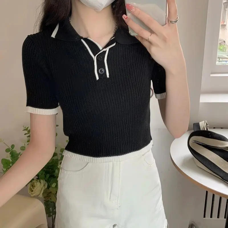 Contrasting Color Polo Collar Shoulder Knitted Short-sleeved T-shirt Women\'s Summer Slim-fit T-shirt Design Sense Short Top