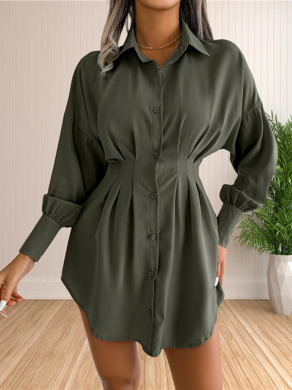 Women\'s Pleated Long Sleeve Mini T Shirt Dress Lapel Collar Button Flared Ruched Short Shirt Dresses