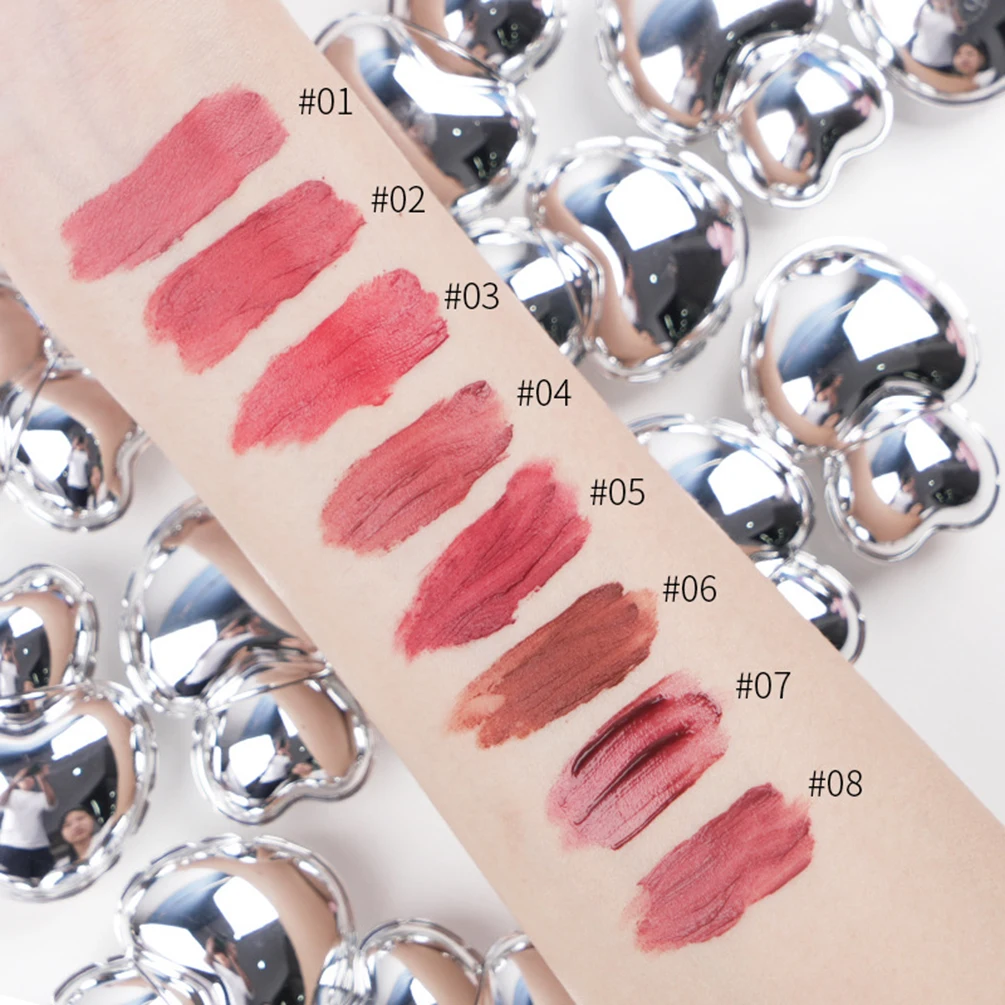 6.5g Private Label Liquid Lipstick Custom Logo Heart-shaped Matte Velvet Soft-focus Mud-like Lipgloss 8-color Makeup Sliver Tube