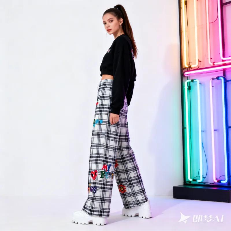 Miyake Style American Graffiti Plaid Pants for Women Summer New High-waisted Straight Printed Pleated Wide-leg Pants