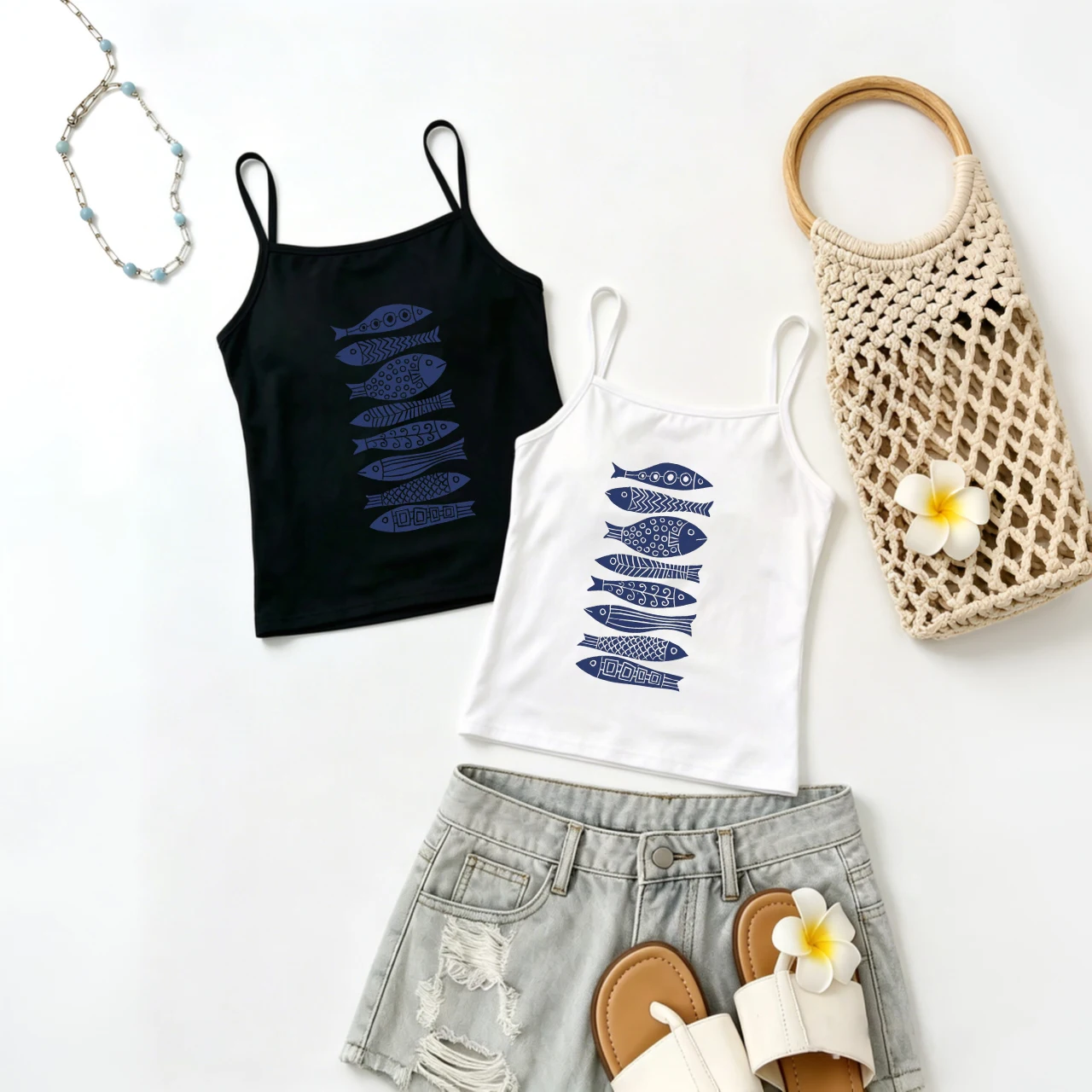 Women Blue Fish Print Camisole Summer Geometric Pattern Tank Top Nautical Style Sleeveless Vest Beach Holiday Casual Crop Top