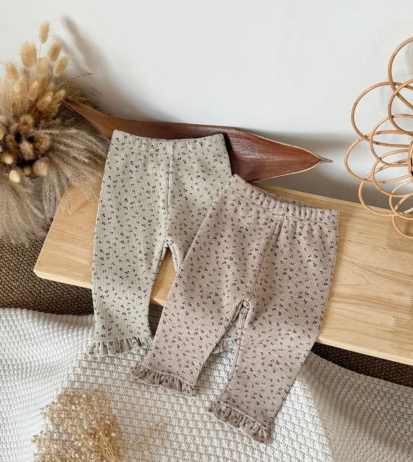 Child Winter Warm Fleece-Lined Corduroy Pants Floral Print Ruffled Cuff Soft Toddler Clothes  Fashion 0-3Y Baby Girl Trousers