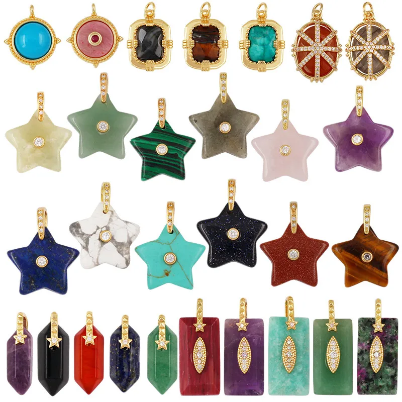 Amuletos de estrella de piedra semipreciosa natural, amazonita, cuarzo rosa, ojo de tigre, colgante de turquesa, joyería DIY, pulsera, collar J39