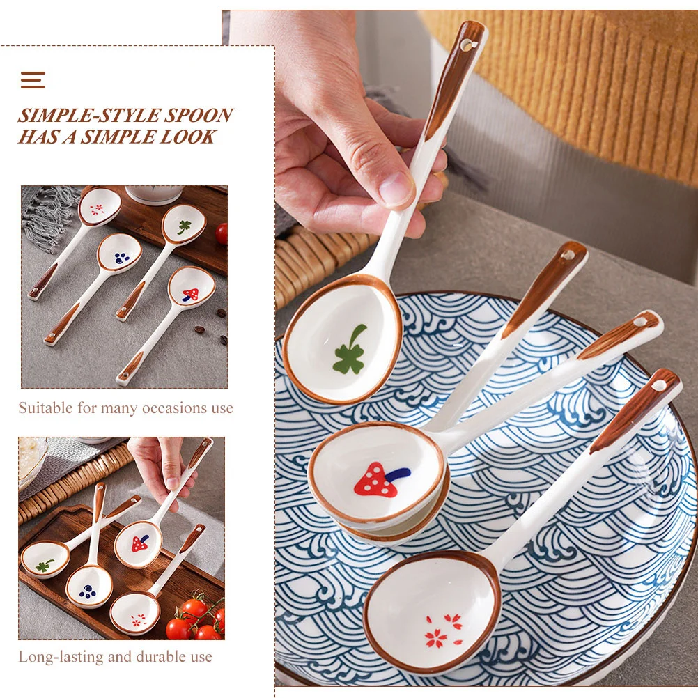 

8Pcs Long Handle Ceramic Spoon Set Soup Serving Spoons for Daily Food Large Kitchen Spoons Household Tableware Decorative