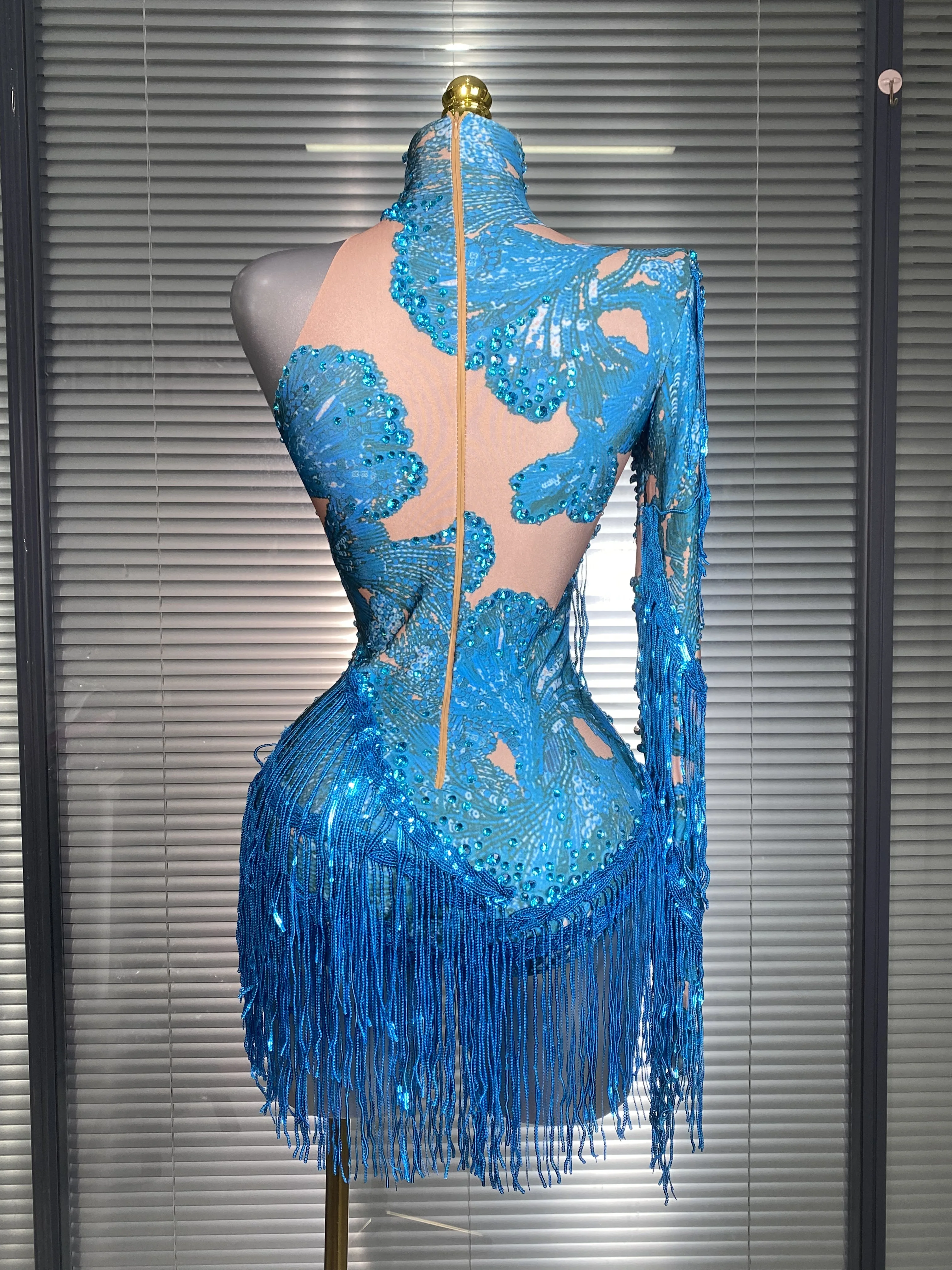 New Celebrity Women Sexy Purple Blue Stretchy Single Sleeve Night Club Singer Dancer Tassel Stage Costume Party Bodysuit