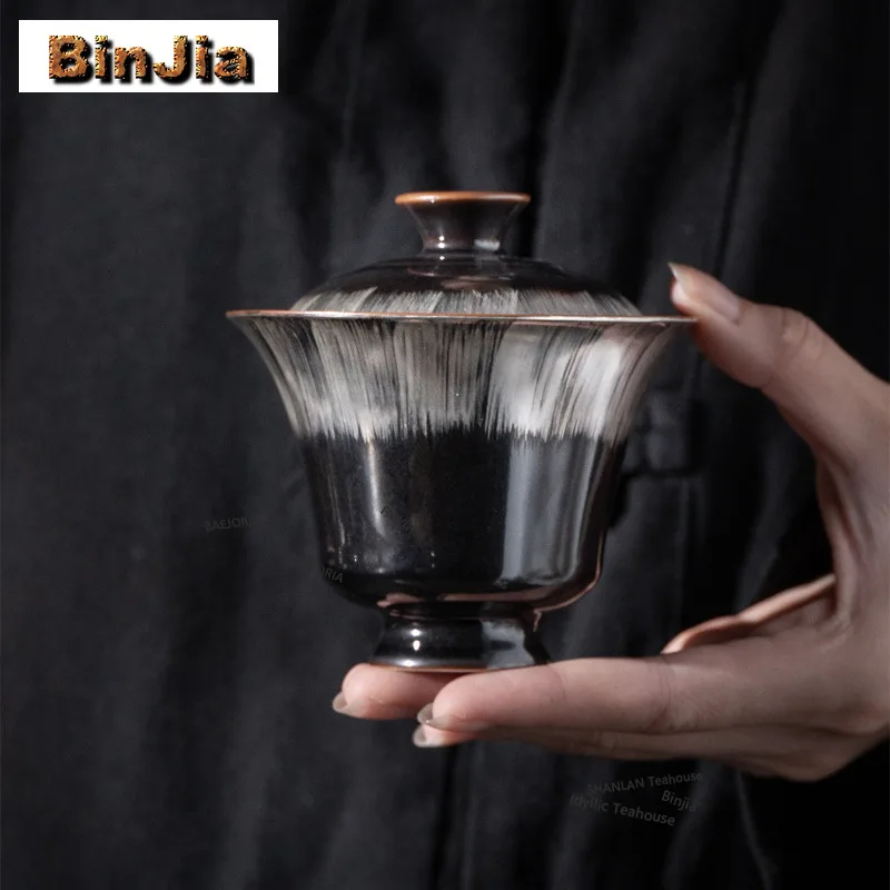 BAEJORIA 175ml Silver-plated Black Gold Glaze Gaiwan Vintage Tea Tureen Tea Bowl With Lid Kit Tea Maker Cover Bowl Teaset Gifts