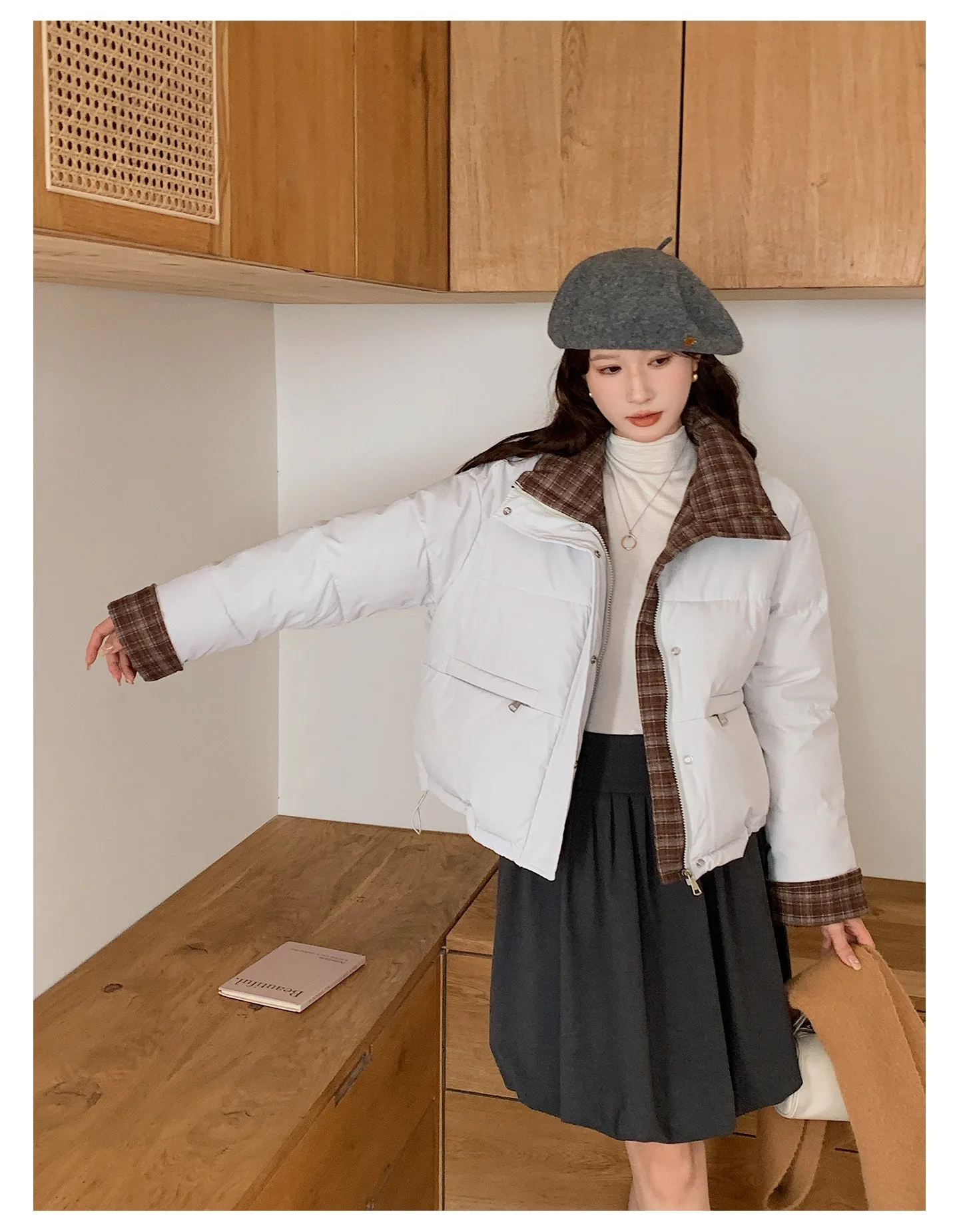 American Plaid Patchwork Puffer Jacket Women Winter Thick Stand Collar Short Parkas Woman Korean Casual Preppy Style Outerwear