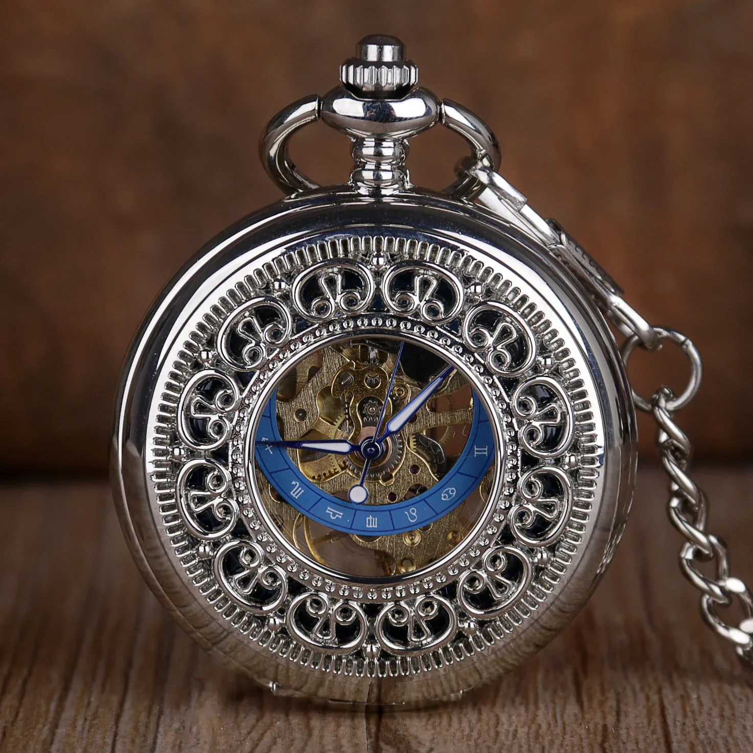 Mechanical Pocket Watch With Chain Mens Hollow Skeleton Dial Silver Steel Fashion Pocket Fob Watch Gifts 회중시계