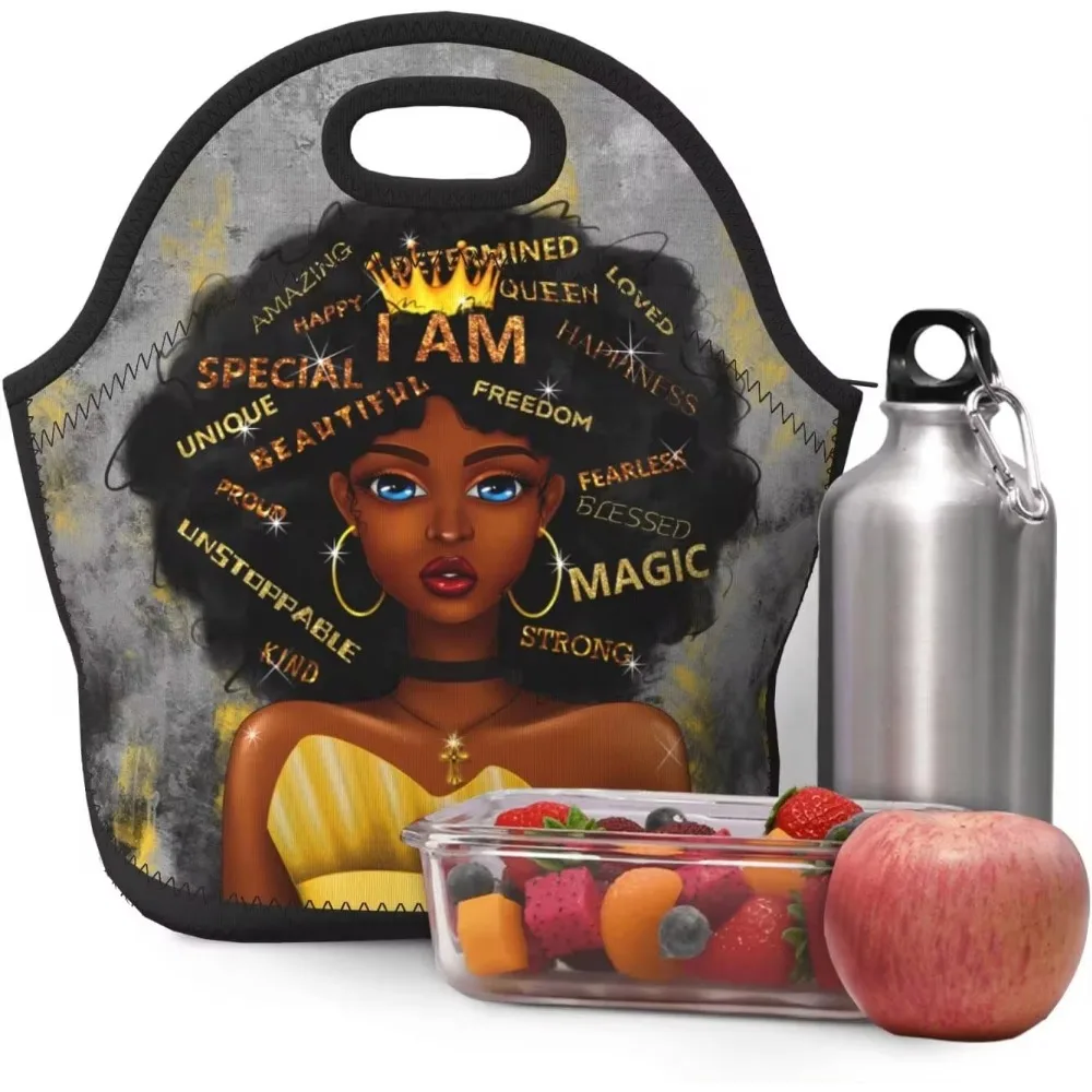 Neoprene Lunch Bags for Women African American Women Lunch Tote Bag Insulated and Reusable Black Girl Magic Cooler Container Box