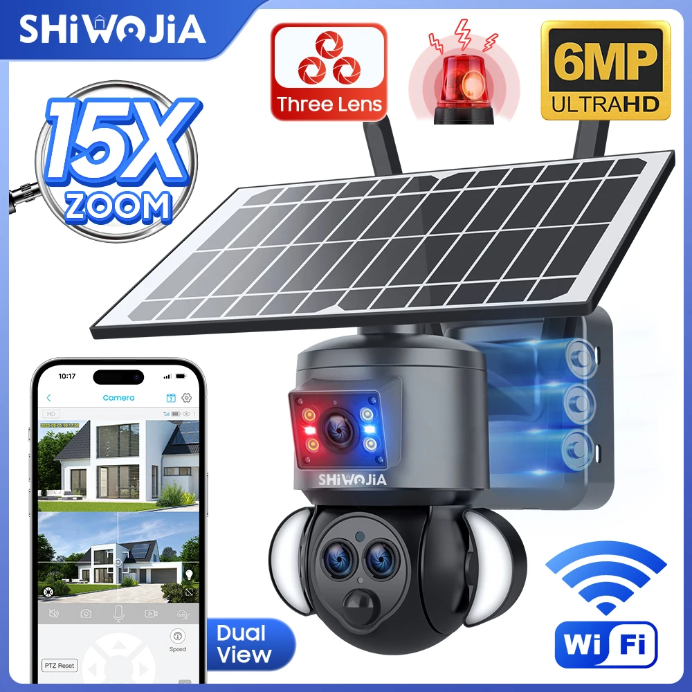 SHIWOJIA 15X Zoom 3-Lens Dual View 6MP WiFi 4G Solar Camera Mini Human Detection Outdoor Color Night Vision