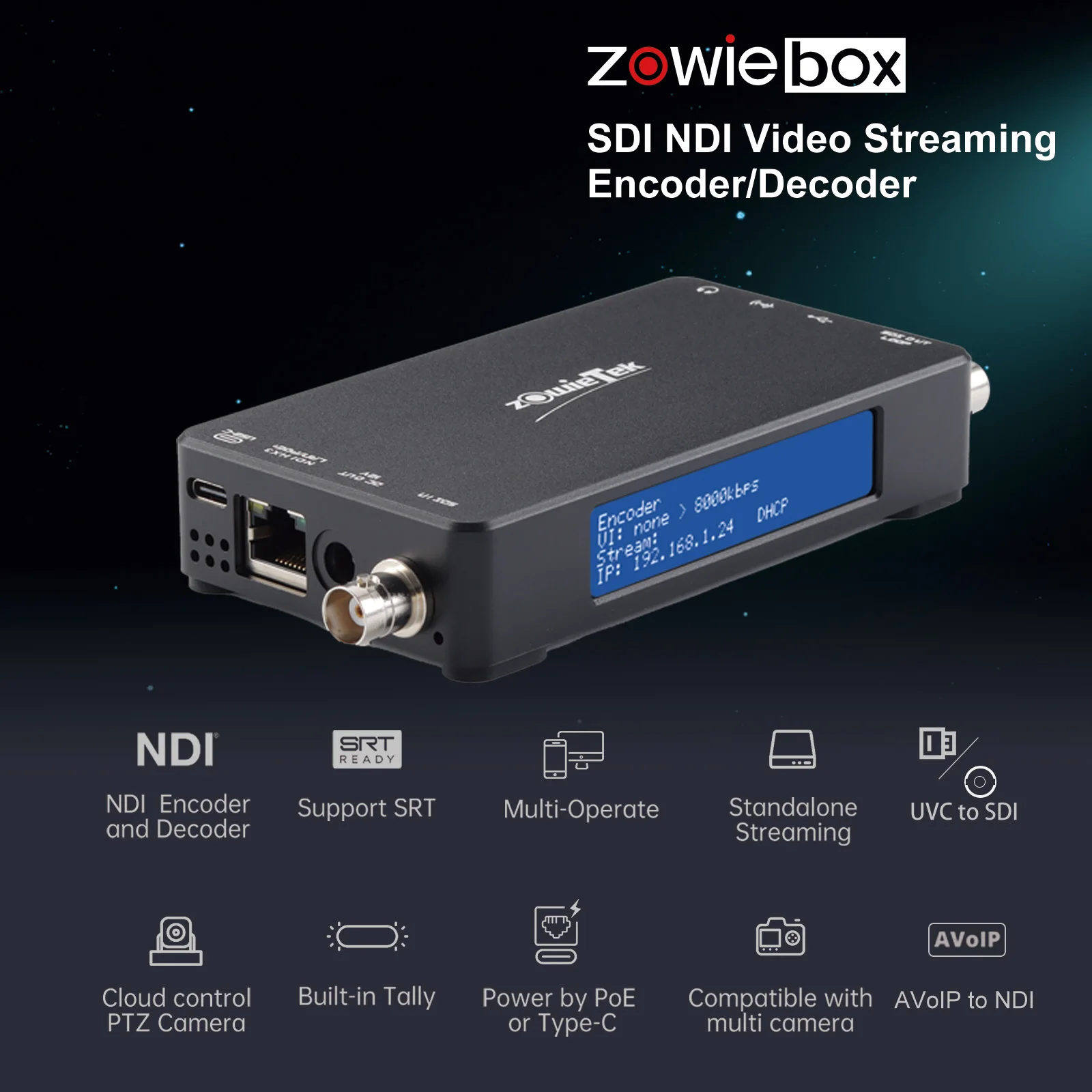 Decodificador de transmisión de vídeo 3G SDI NDI, ZowieBox, convertidor UVC a SDI, grabadora de vídeo SDI y extensor con Loopout, SRT/RTMP