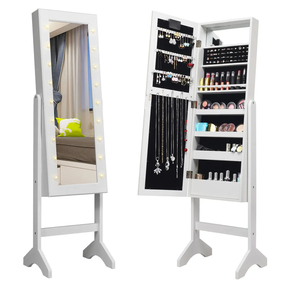 

Free Standing Mirrored Jewelry Cabinet Armoire Organizer w/ 18 LED Lights White