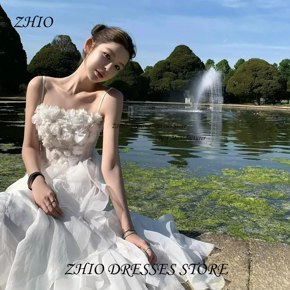 ZHIO Lusso 3D Fiore Tulle A Line Illusion Abito da sposa coreano Servizio fotografico Senza spalline Cinghie per spaghetti Abiti da sposa Personalizzati