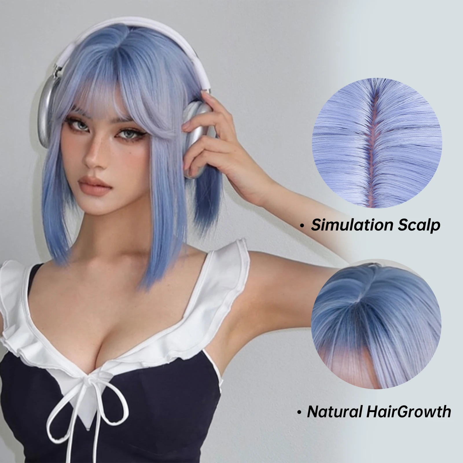 Blue Purple Ombre Cosplay Synthetic Wigs Short Bob Straight Lolita Halloween Hair Wig with Bangs for Women Afro Heat Resistant