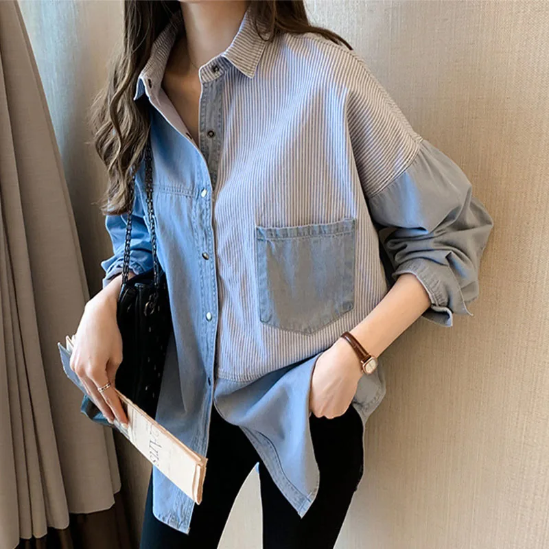 Women Fashion Patchwork Denim Shirts 2024 Spring Autumn Vintage Jean Blouse Korean Style Female Long Sleeve Single-breasted Tops
