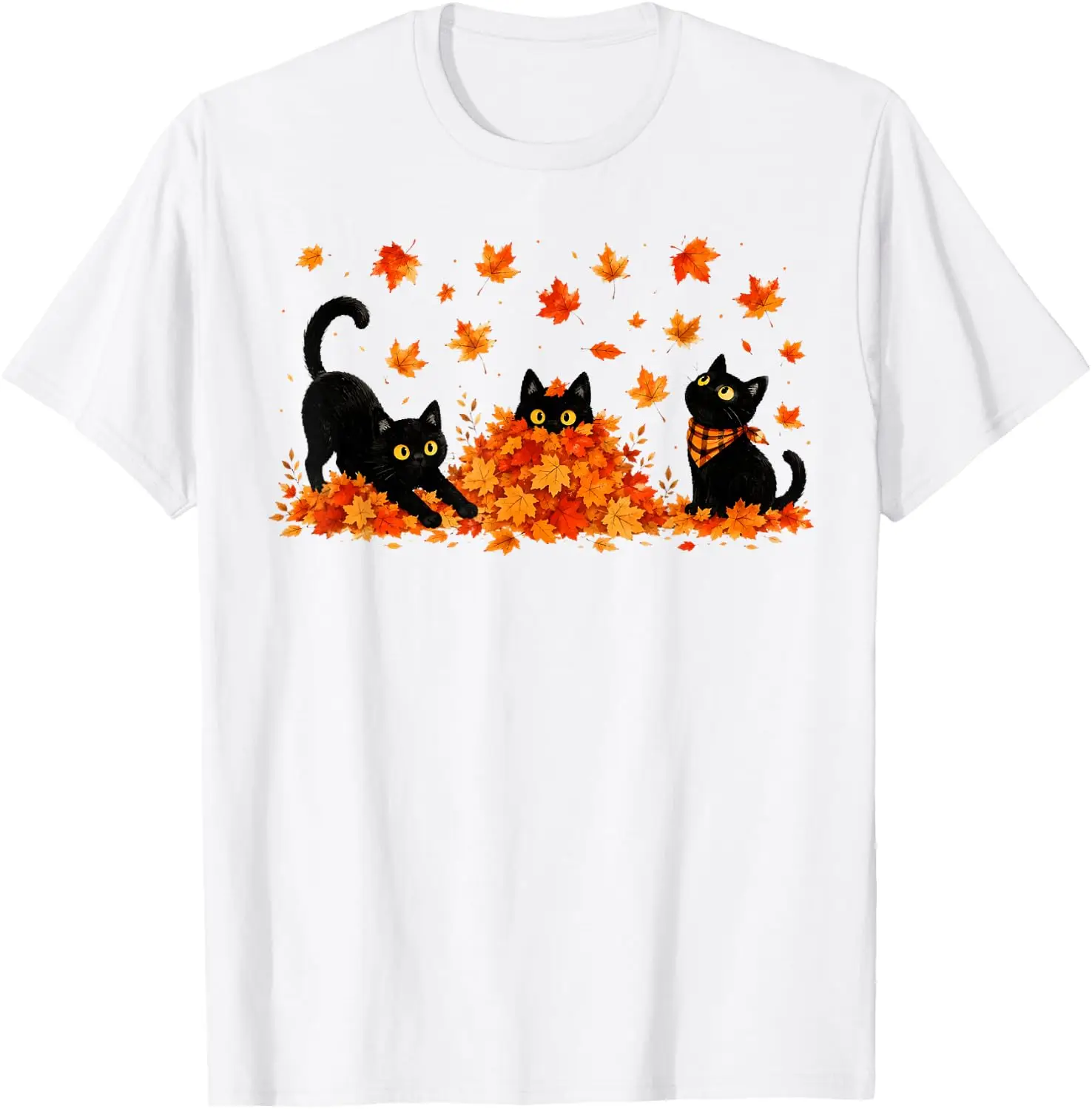 Cute Black Cats Playing In Fall Leaves Thanksgiving Autumn T-Shirt 100% Cotton Trendy Y2K Short-Sleeve Tee – Soft, Quick-Drying,